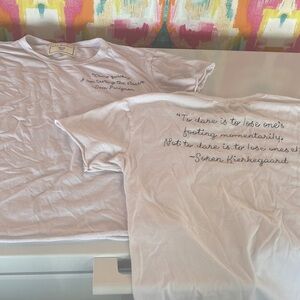 White Graphic T-Shirts from Also, Freedom w/ Embroidered Quotes. Both size large